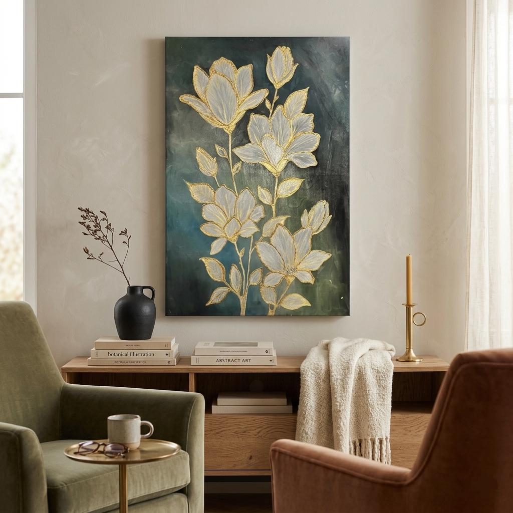 Gold Leaf Magnolia Canvas Art, Textured Teal Botanical Print, Vertical Floral Painting