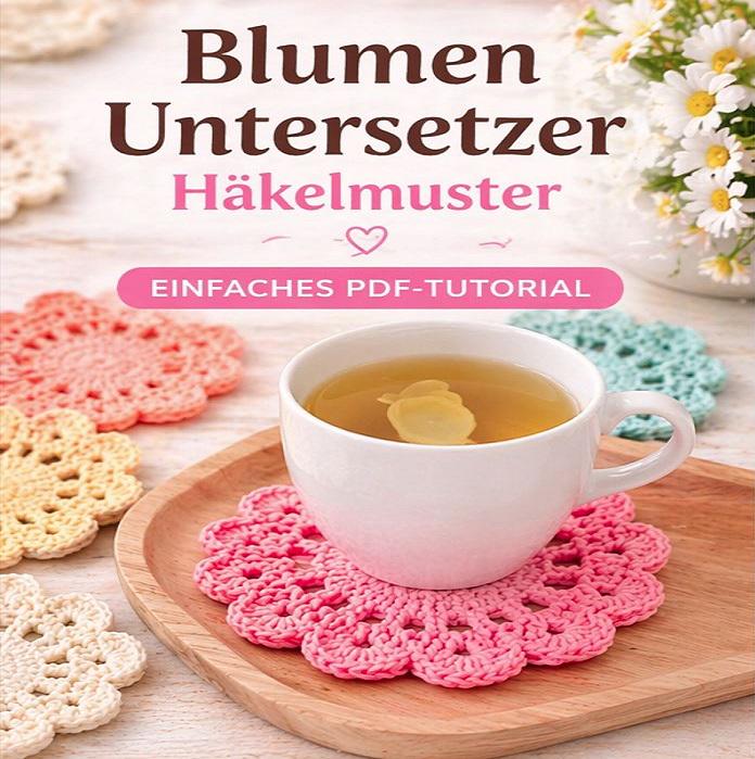 Einfache Häkelanleitung Blumenuntersetzer PDF, Glasuntersetzer Set, anfängerfreundlich