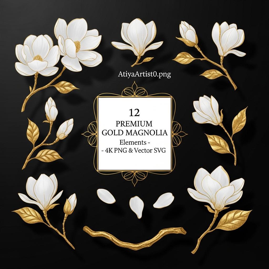 12 Gold Magnolia Elements, Botanical Floral PNG, Wedding Graphics (SVG)