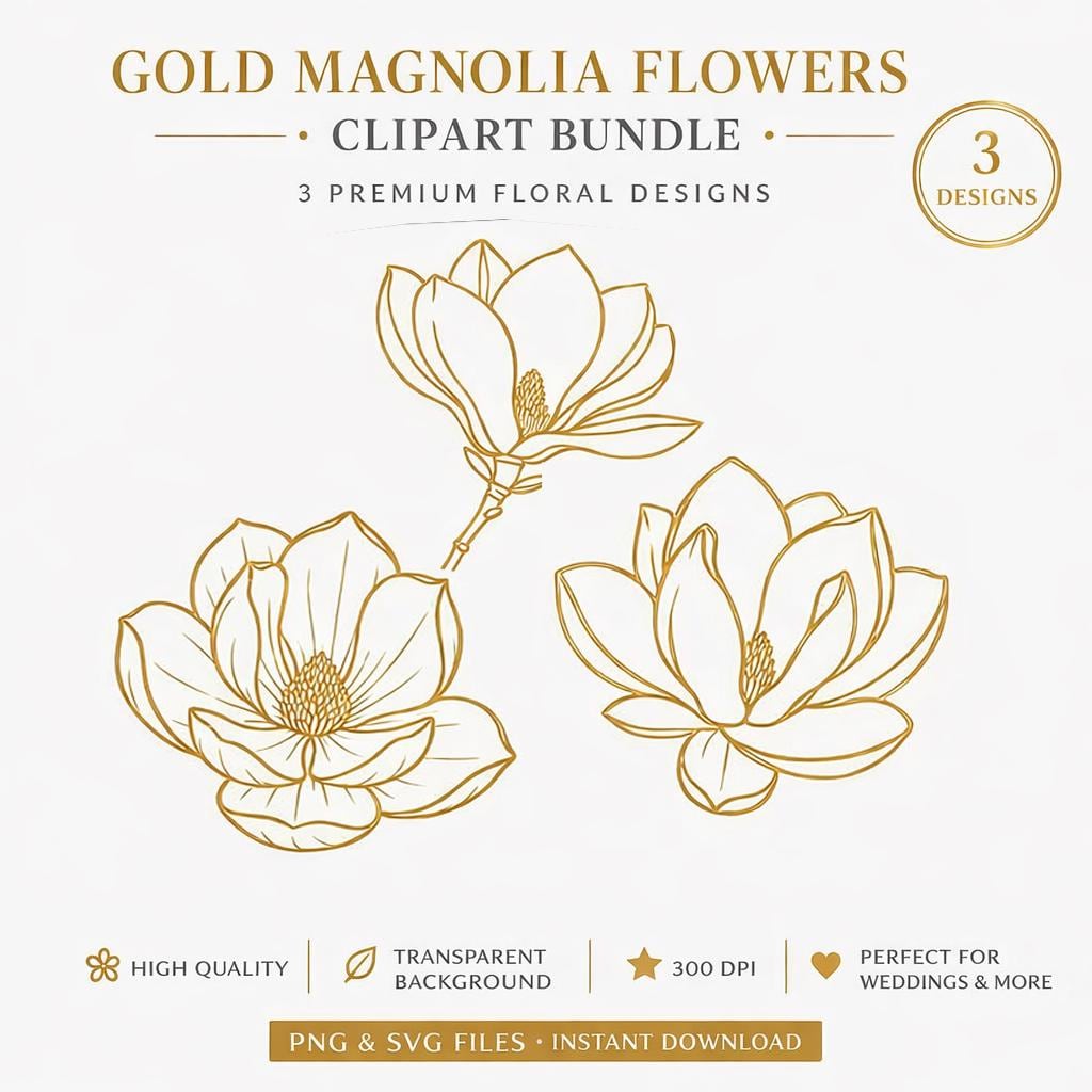 Gold Magnolia Flowers Clipart Bundle, White Floral PNG | SVG, Wedding Graphics (Digital Download)
