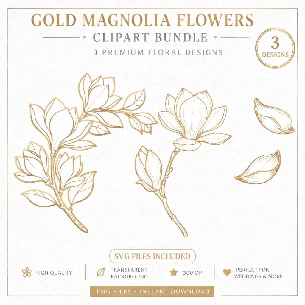 Gold Magnolia Flowers Clipart Bundle | Wedding Invitation Design | Elegant Floral PNG | SVG (Digital Download)