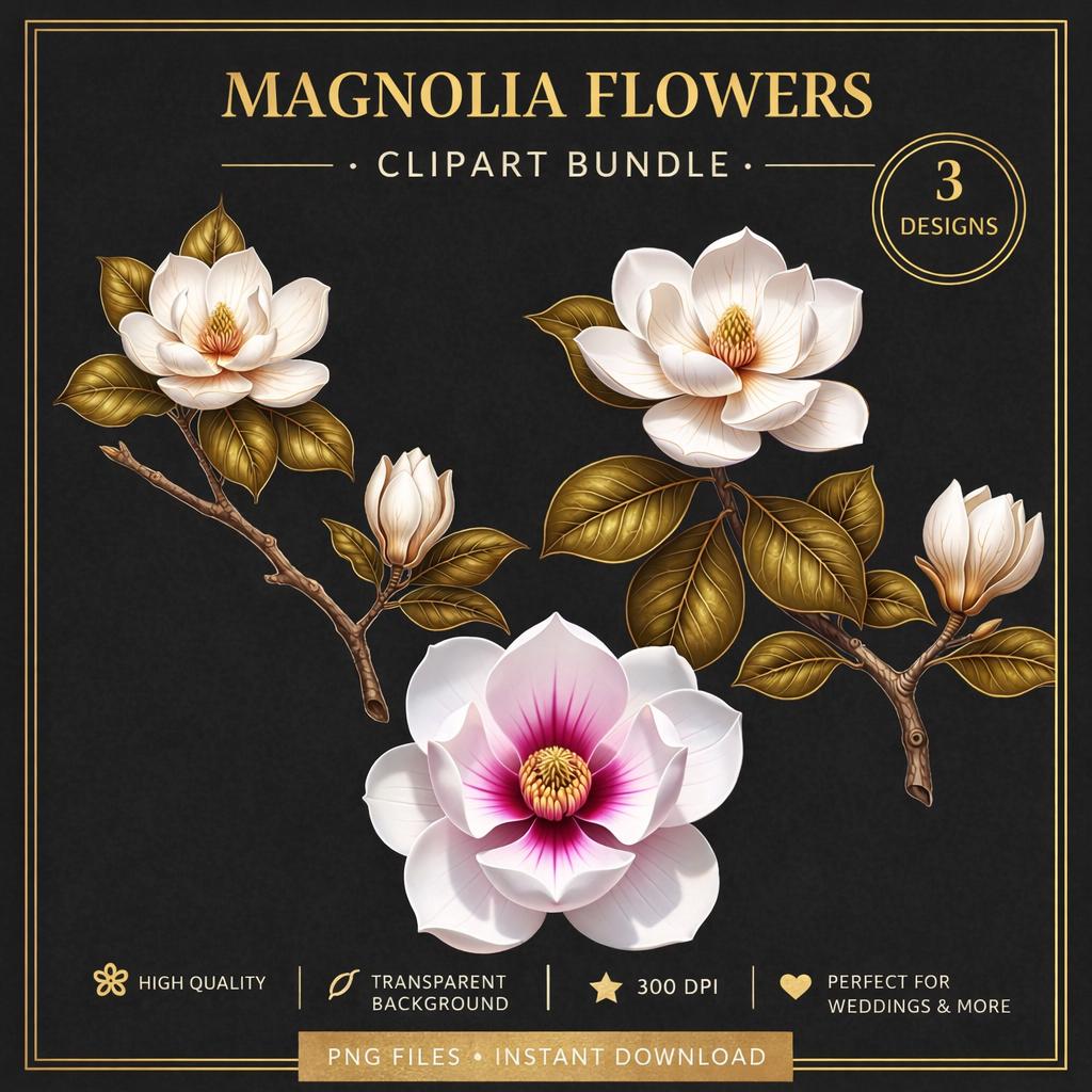 Gold Magnolia Clipart Bundle, Realistic Floral PNG Graphics, Wedding Invitation (Digital Download)