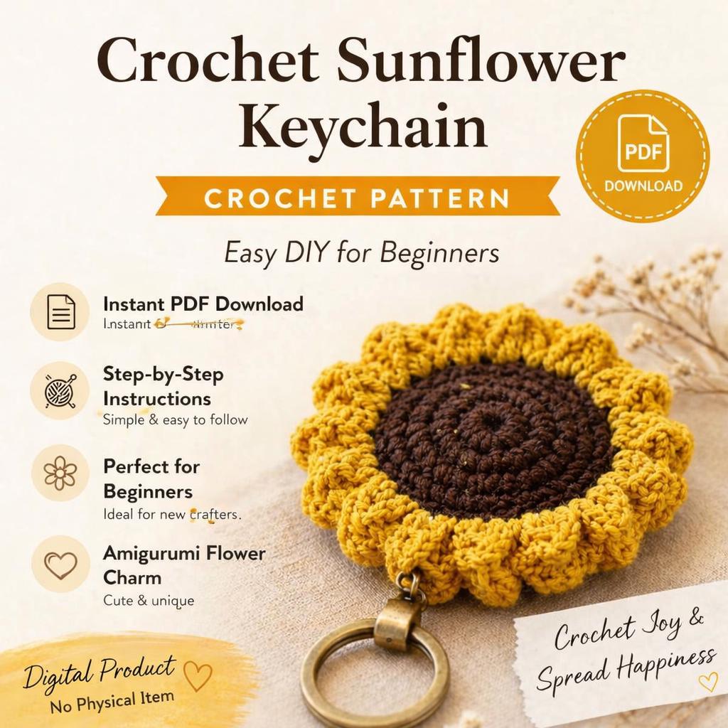 Crochet Keychain Pattern | Sunflower | Beginner Amigurumi Flower Charm (PDF Download)