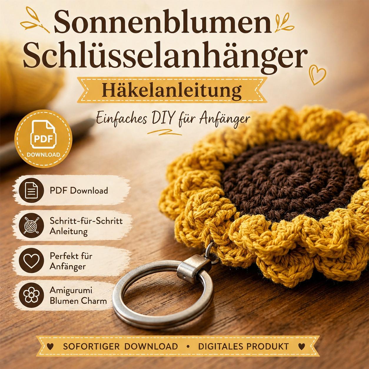 Häkelanleitung Sonnenblume Schlüsselanhänger | Amigurumi Anfänger PDF Muster | Blumen Taschenbaumler DIY