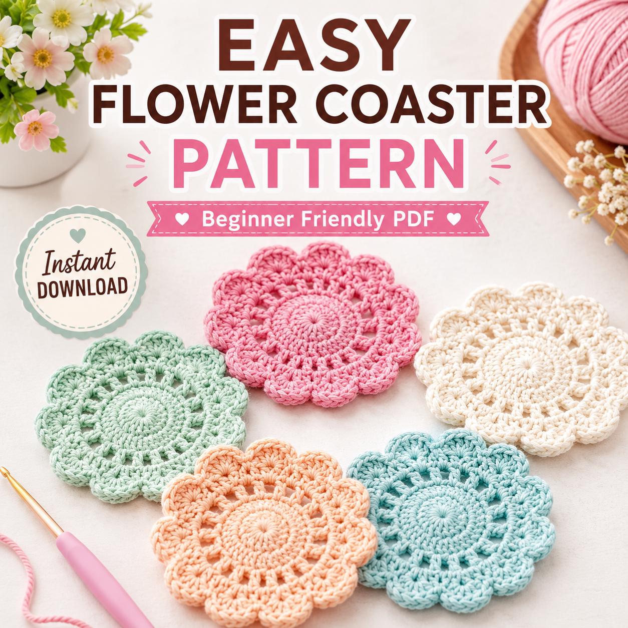 Flower Crochet Coaster Pattern PDF, Easy Beginner Guide, Floral Drink Mat DIY, Instant Download