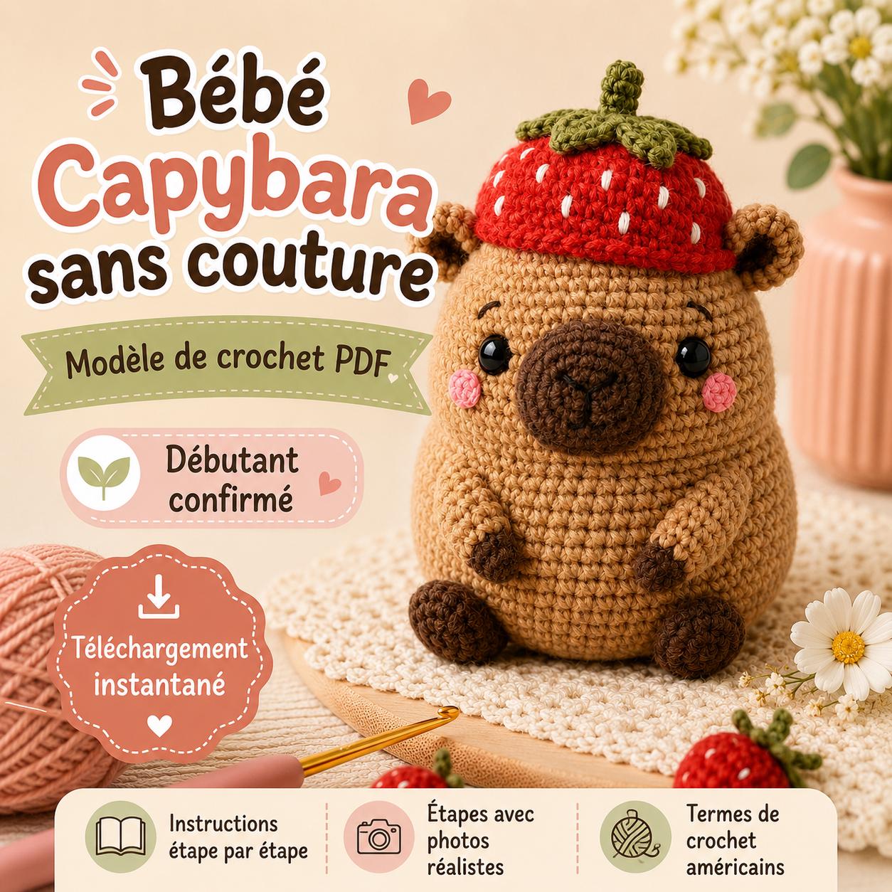 Patron crochet capybara sans couture PDF, peluche amigurumi chapeau fraise, tutoriel débutant