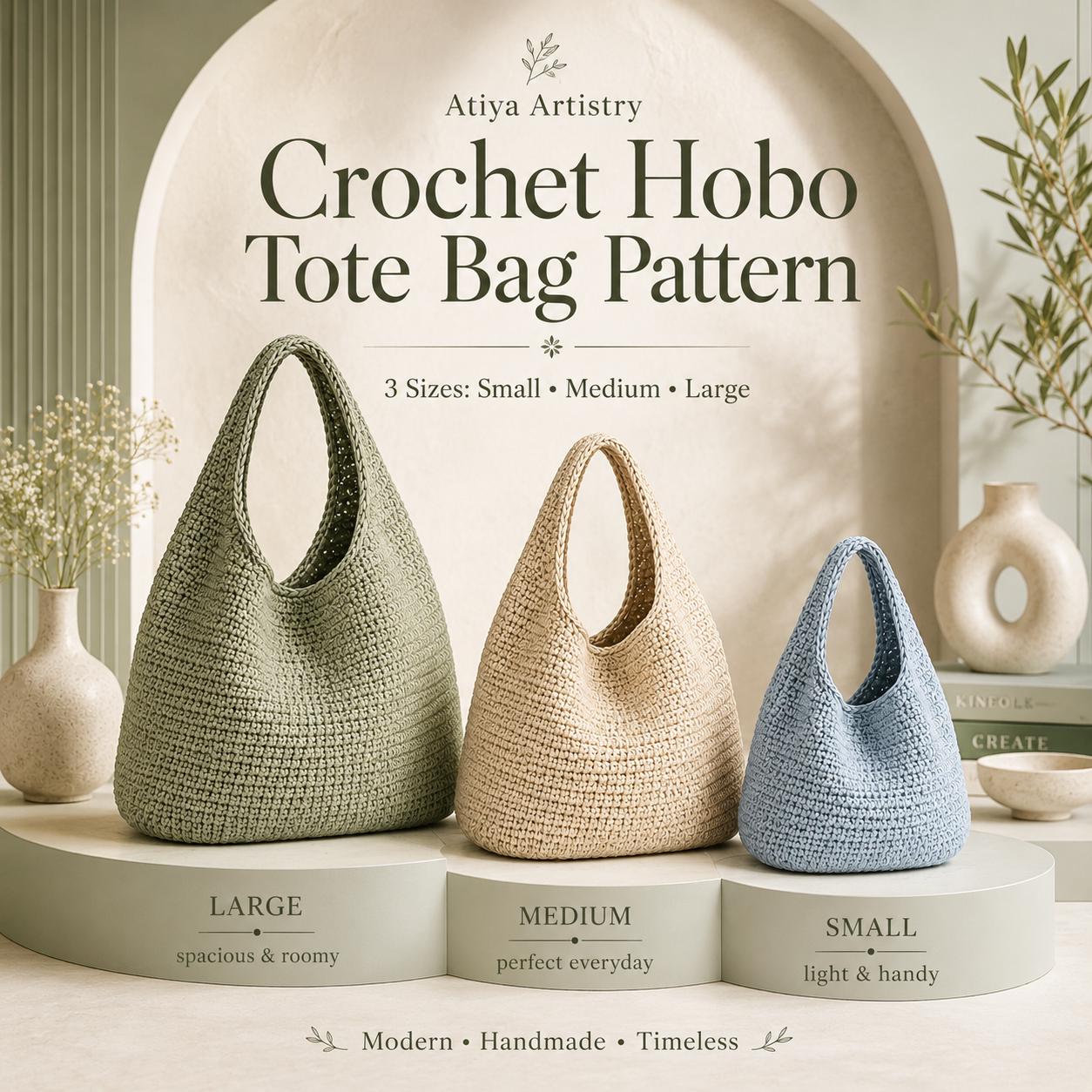 Slouchy Hobo Tote Crochet Pattern, Modern Minimalist Shoulder Bag, 3 Sizes (Digital Download)
