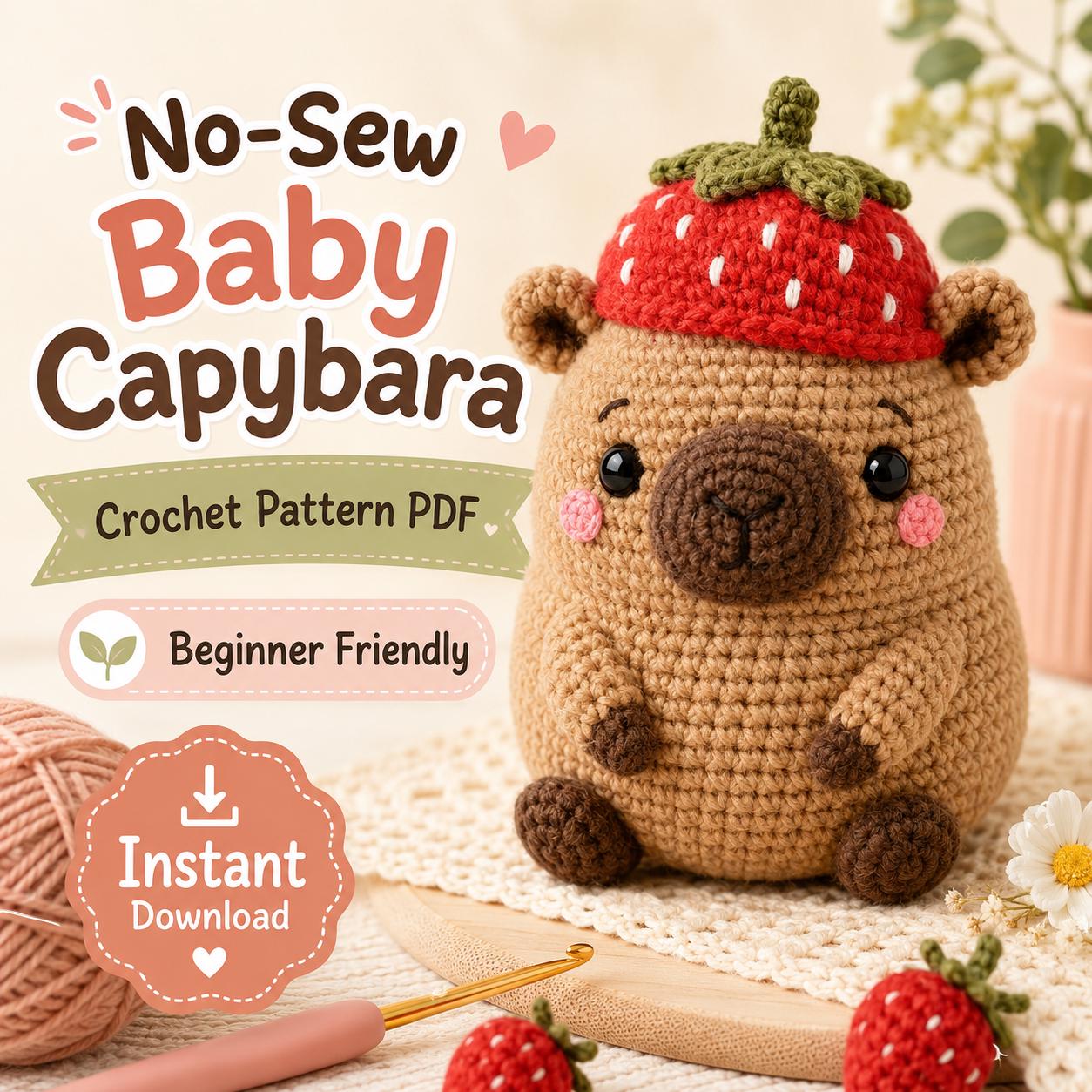 Capybara Crochet Pattern PDF, Strawberry Hat Amigurumi Plush Tutorial, Beginner Friendly