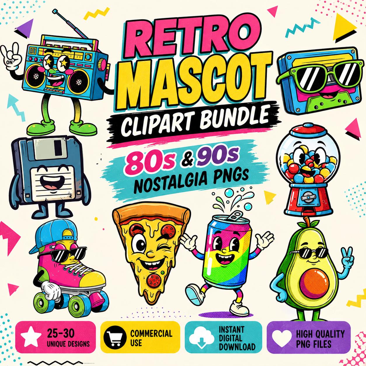 Retro Mascot Clipart Bundle | 80s 90s Nostalgia PNGs (Digital Download)