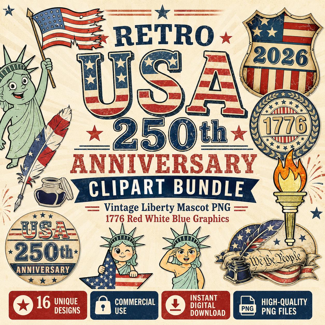 Retro USA 250th Anniversary Clipart Bundle | Vintage Liberty Mascot, Patriotic Graphics (Digital Download)