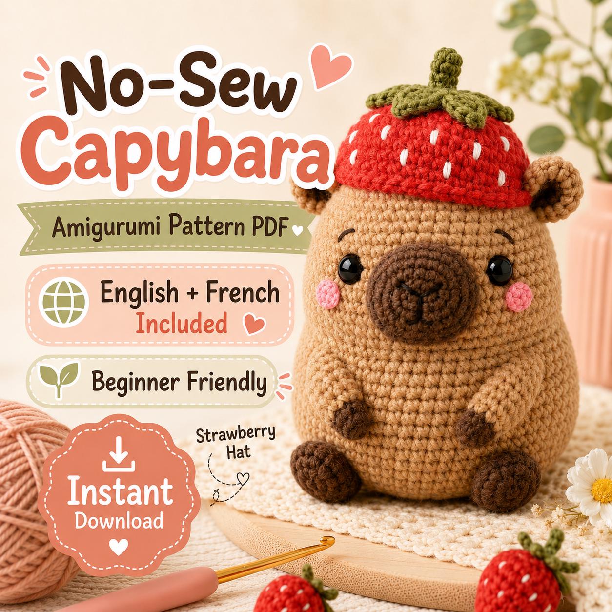 No Sew Capybara Amigurumi Pattern PDF, Strawberry Hat Crochet Plush Tutorial, English & French