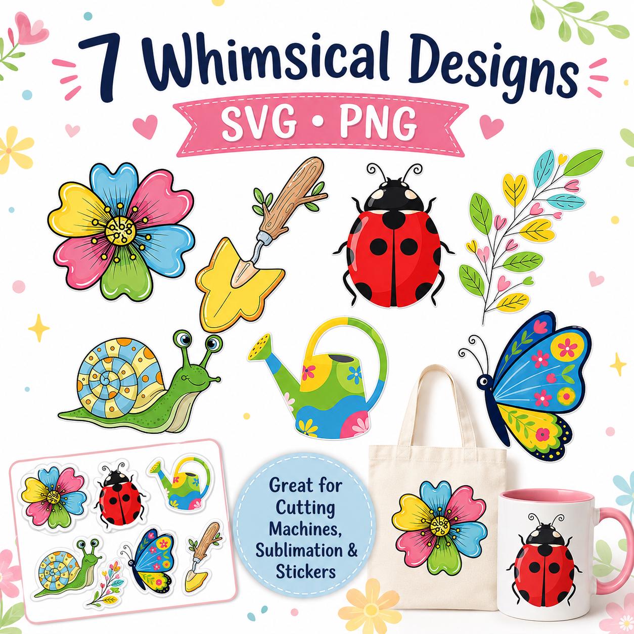 Whimsical Garden SVG PNG Bundle, Spring Flower Clipart, Bug Sublimation Sticker (Digital Download)