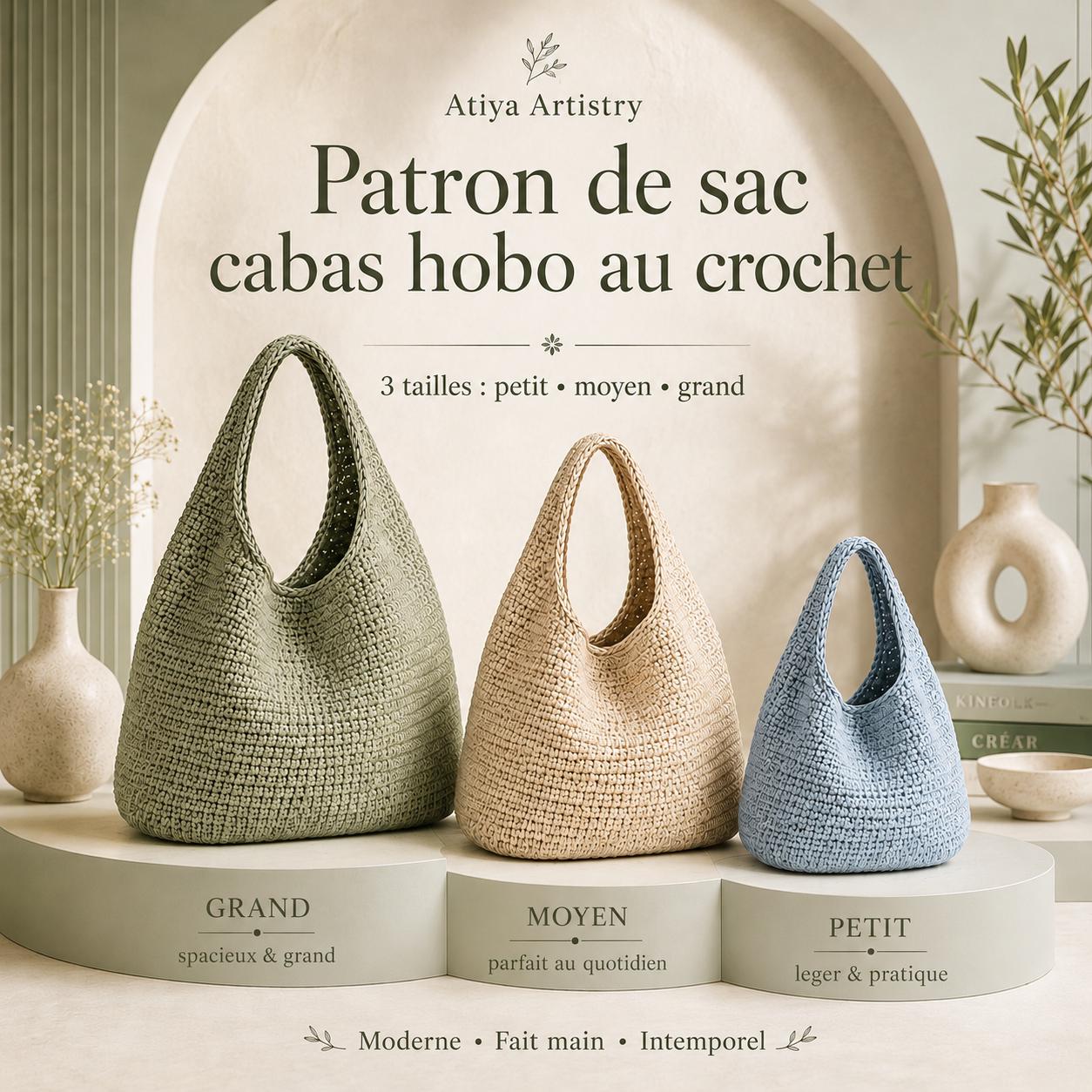 Patron Crochet Sac Cabas PDF, Hobo Moderne, 3 Tailles, Termes US