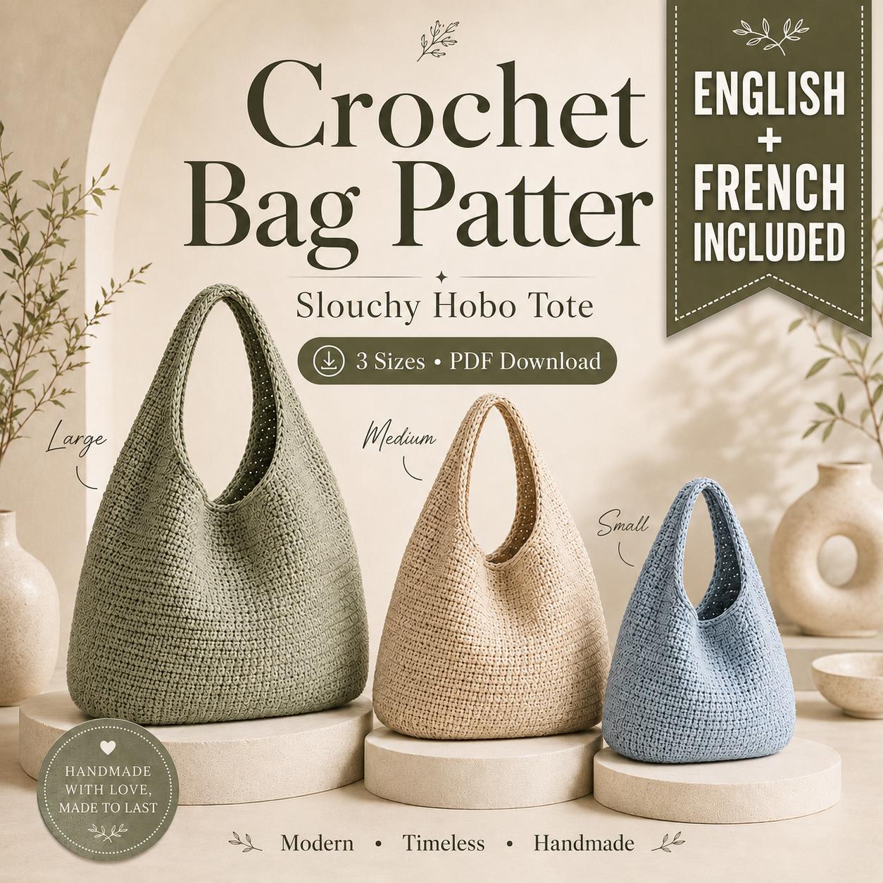 Crochet Bag Pattern PDF, Slouchy Hobo Tote Tutorial, English + French, 3 Sizes
