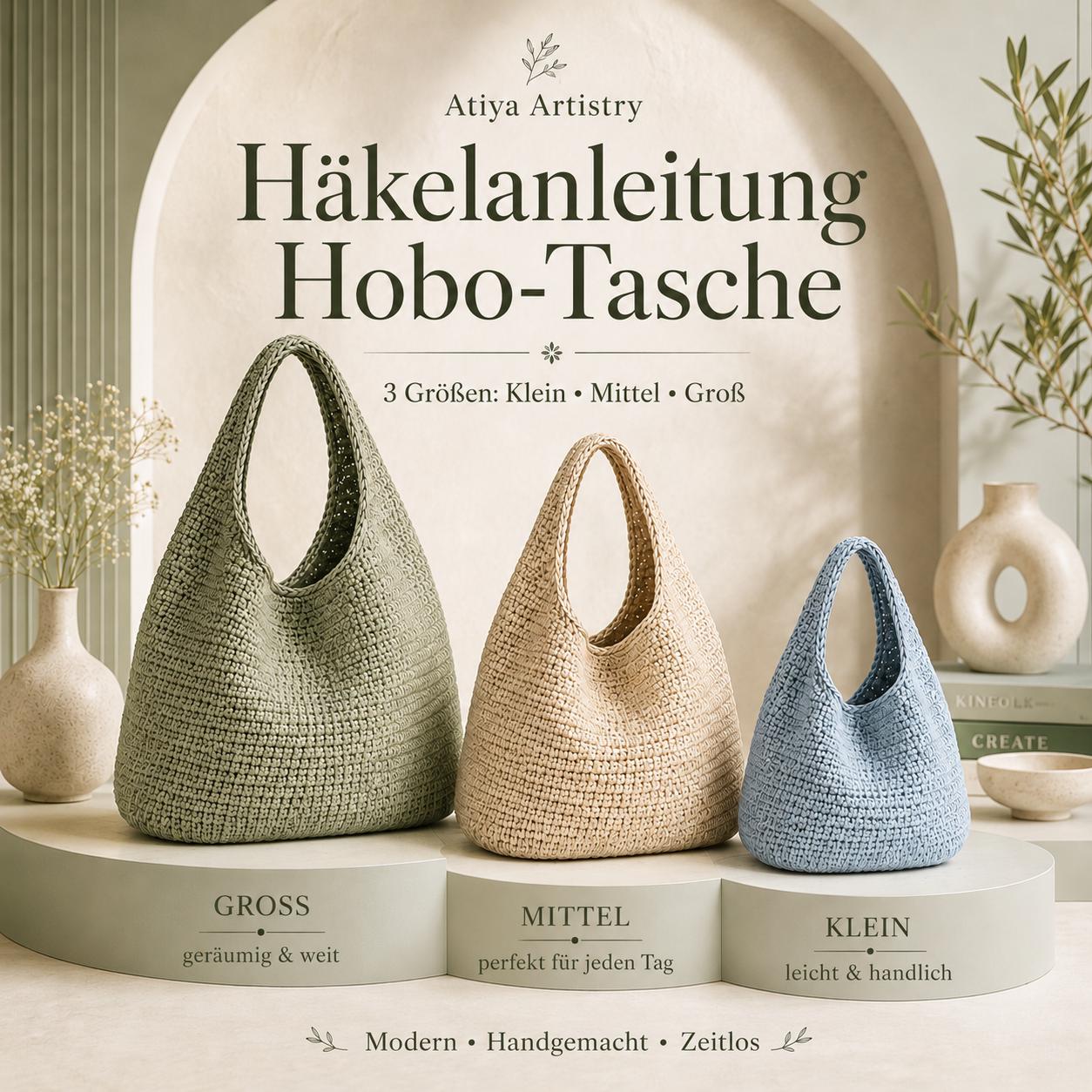 Häkelanleitung Tasche PDF, Hobo Schultertasche Häkeln, Anfänger, 3 Größen, Deutsch
