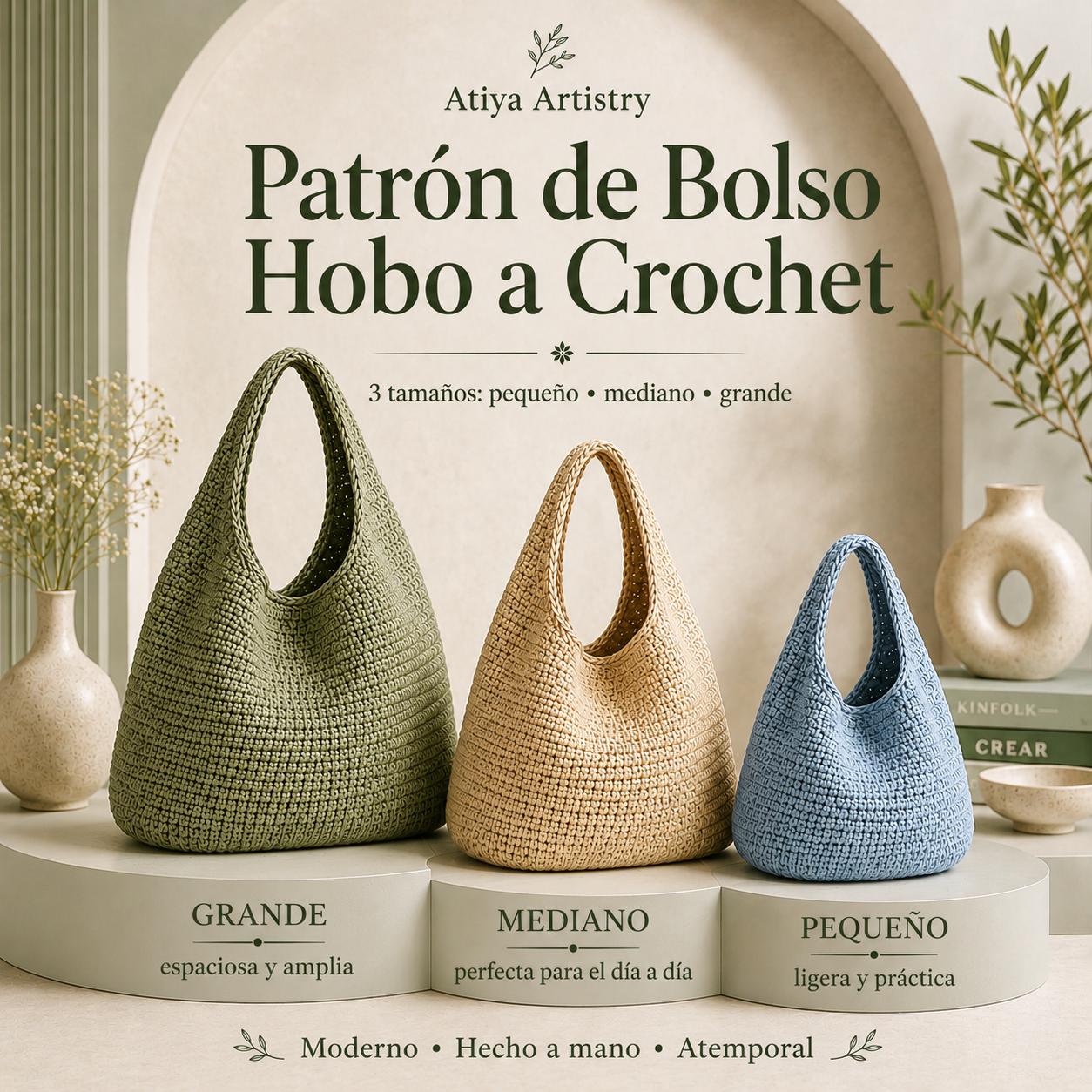 Patron Bolso Ganchillo PDF, Bolso Hobo a Crochet, 3 Tamanos, Tote Hombro, Principiante