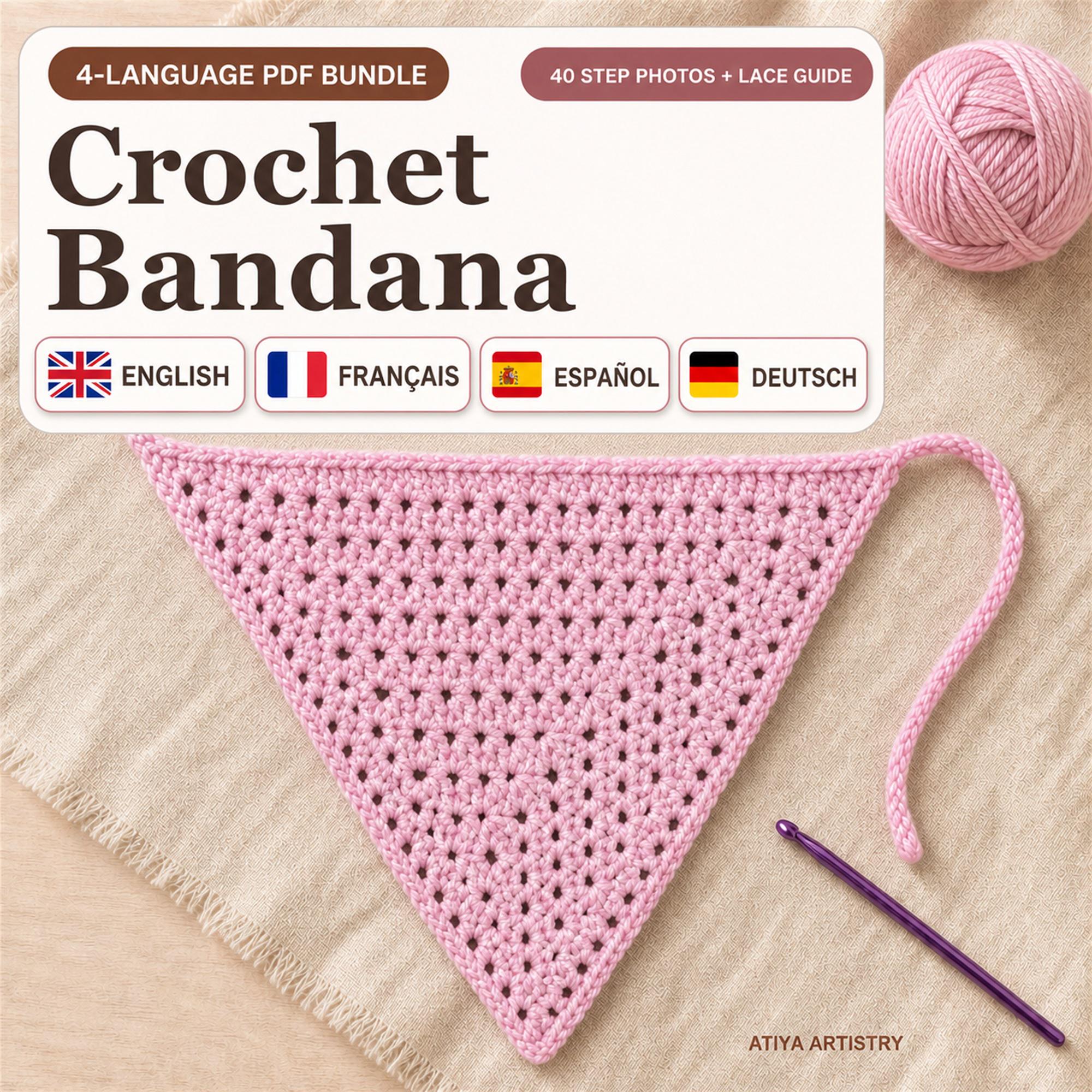 Crochet Bandana Pattern PDF | Easy Summer Head Scarf | English French Spanish German Photo Tutorial