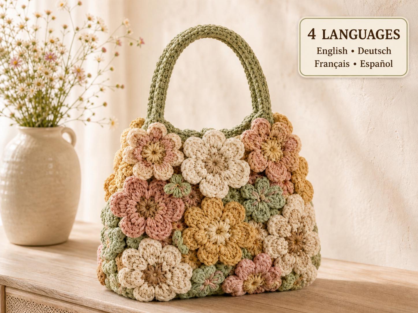 Crochet Flower Bag Pattern PDF, Layered Floral Purse, Intermediate Terms, English German French Spanish