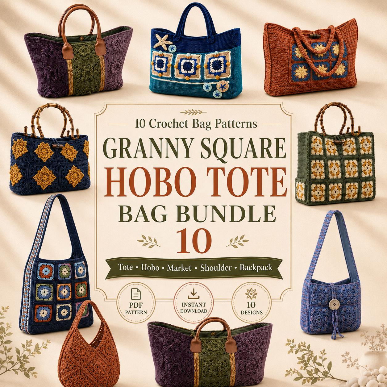 Crochet Bag Pattern Bundle: Granny Square, Hobo Tote, Market, Shoulder & Backpack PDF