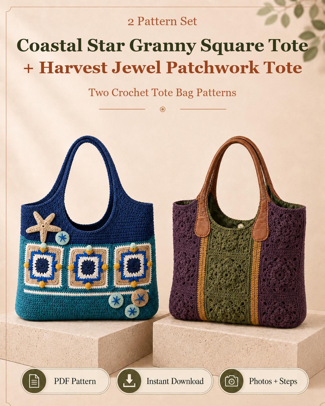 Crochet Beach Bag Pattern Duo, Coastal Granny Square Tote and Harvest Patchwork Handbag PDF