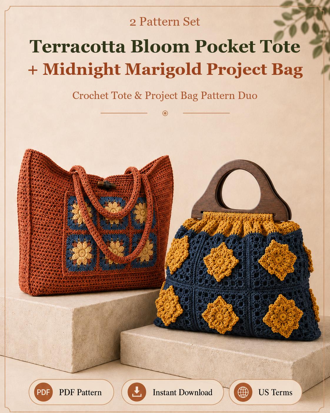 Crochet Project Bag Pattern Duo, Terracotta Tote, Midnight Marigold Bag (PDF)