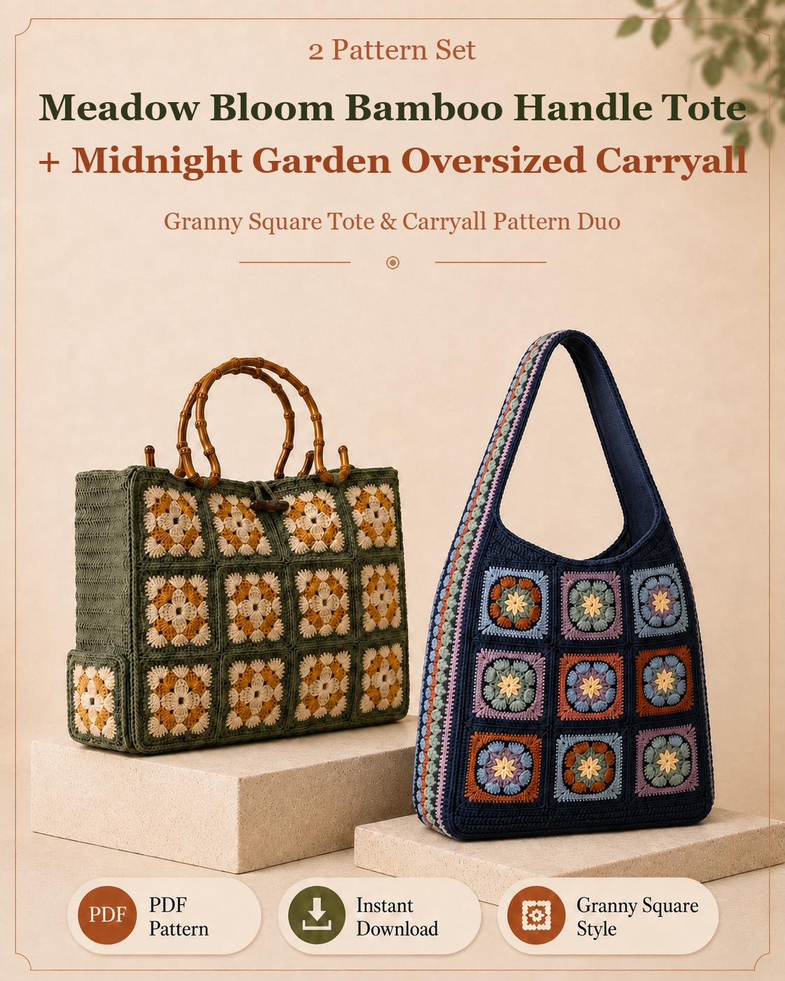 Crochet Tote Bag Pattern Duo, Bamboo Handle Handbag and Oversized Granny Square Carryall PDF